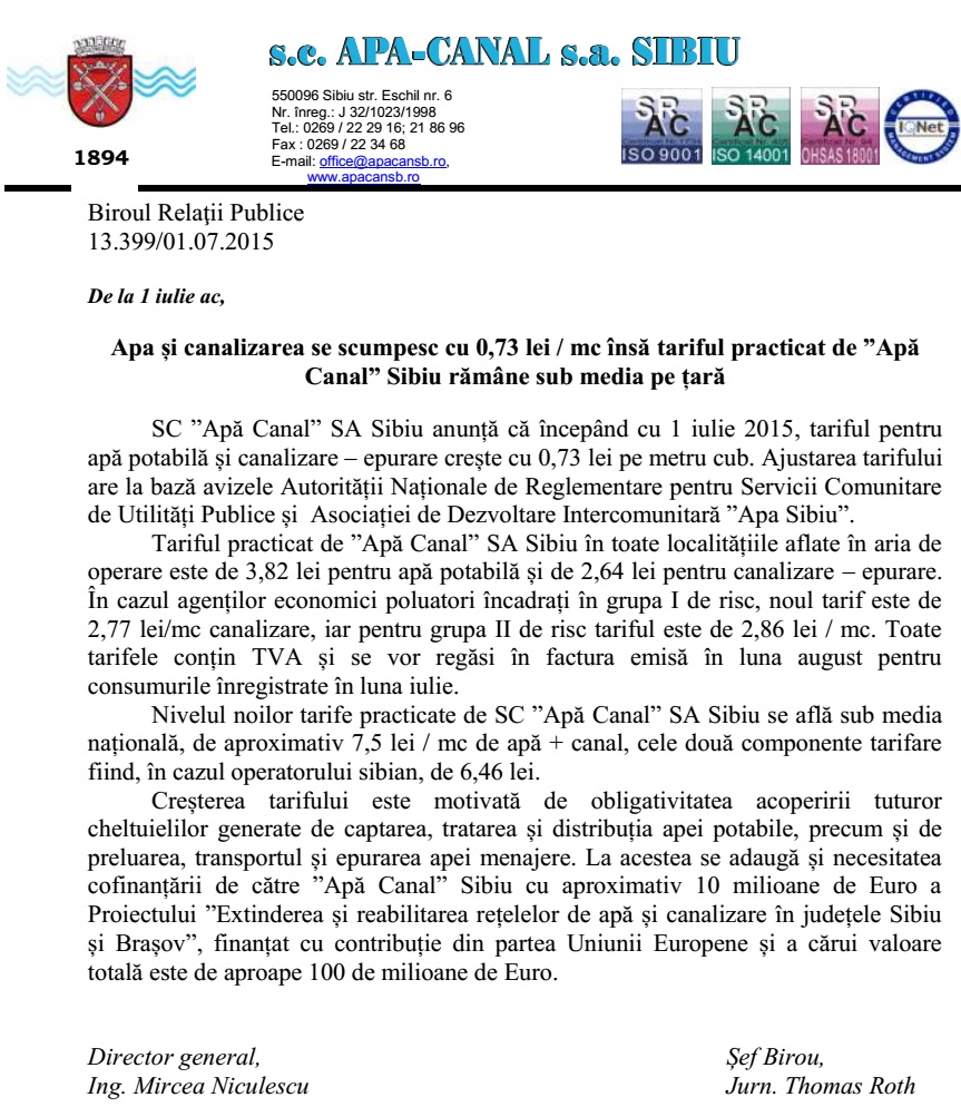 Apa și canalizarea se scumpesc, însă tariful practicat de Apă Canal Sibiu rămâne sub media pe țară
