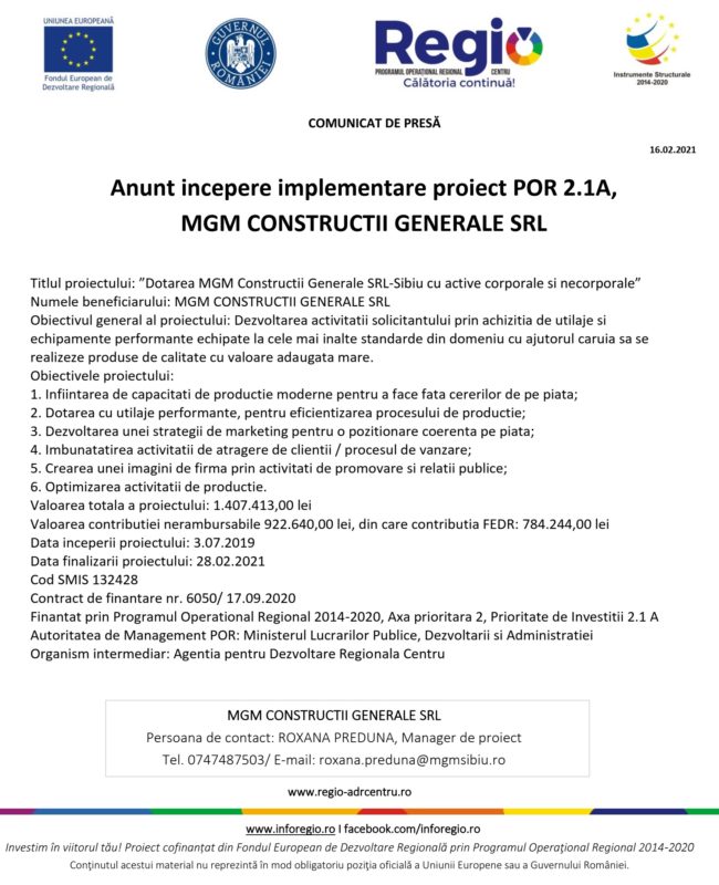 Anunt incepere implementare proiect POR 2.1A, MGM CONSTRUCTII GENERALE SRL (P)
