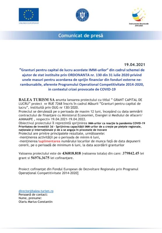 BALEA TURISM SA anunta lansarea proiectului cu titlul ”GRANT CAPITAL DE LUCRU” (P)