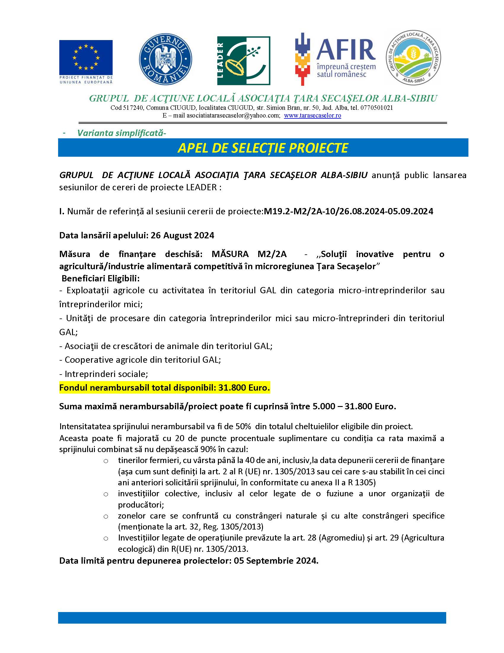 Apel de selecție proiecte Grupul  De Acţiune Locală Asociaţia Ţara Secaşelor Alba-Sibiu