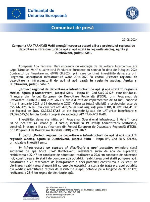 Comunicat de presă: Compania APA TÂRNAVEI MARI anunță începerea etapei a II-a a proiectului regional de dezvoltare a infrastructurii de apă și apă uzată în regiunile Mediaș, Agnita și Dumbrăveni, județul Sibiu