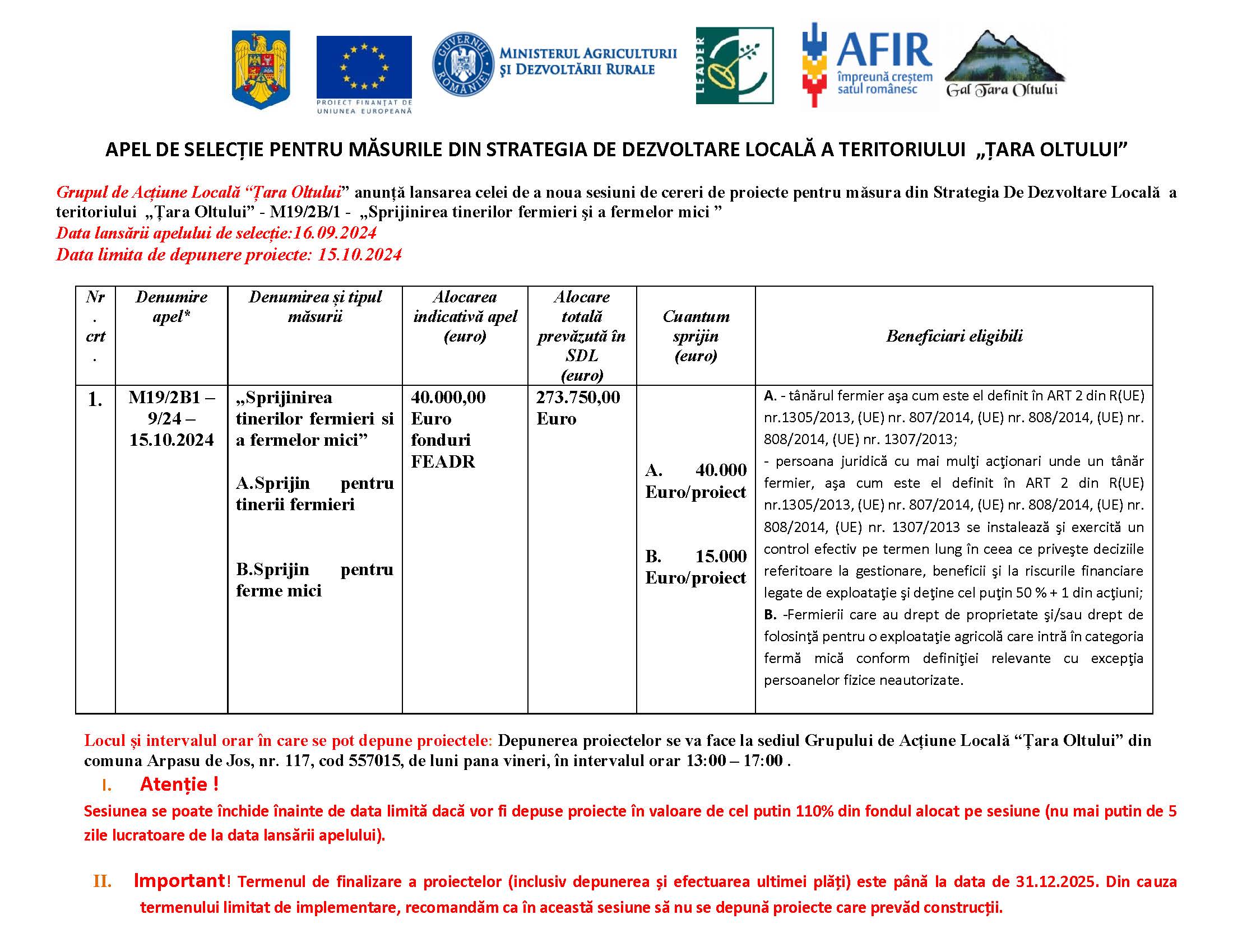 Apel de selecție pentru măsurile din Strategia de Dezvoltare Locală a Teritoriului  „Țara Oltului”