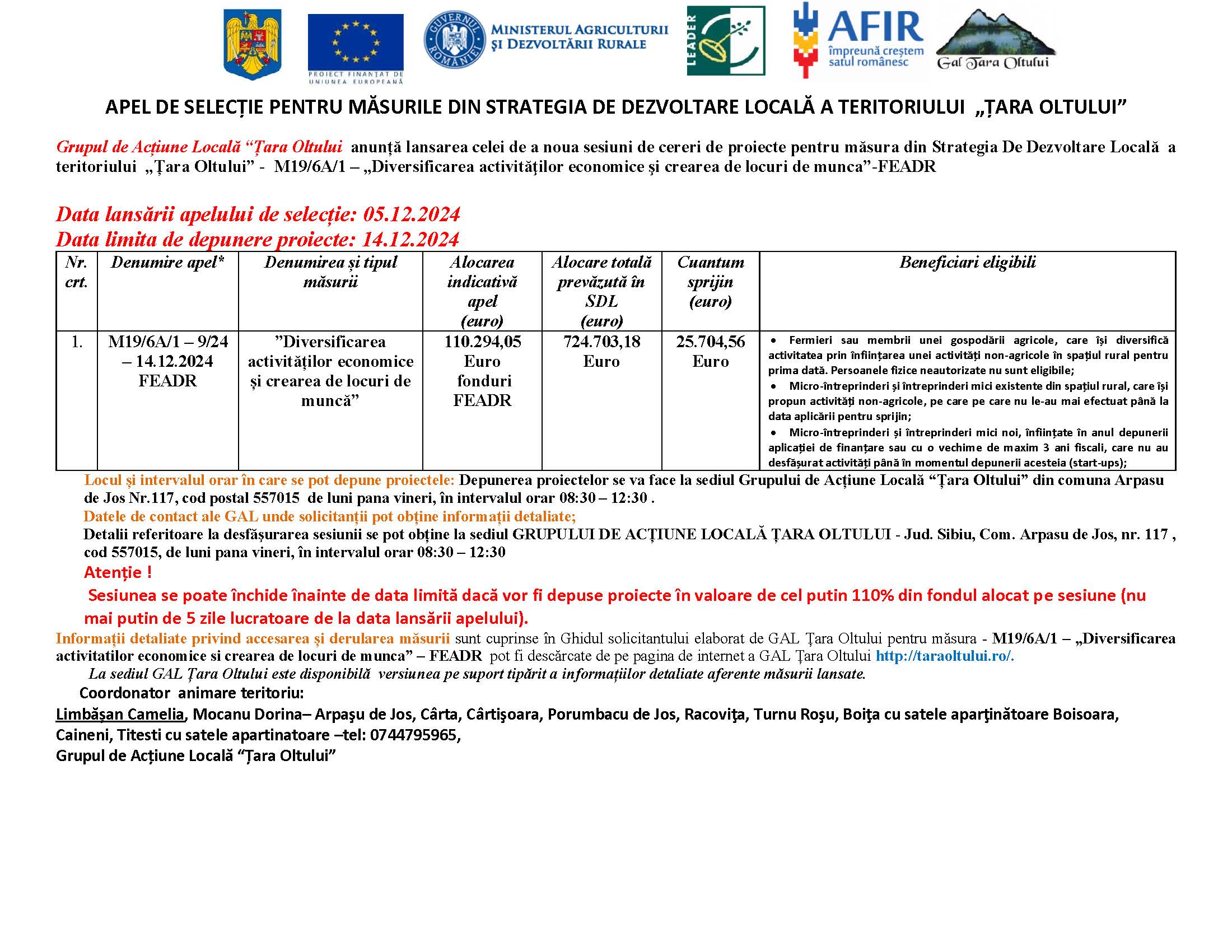 Apel de selecție pentru măsurile din strategia de dezvoltare locală a teritoriului  „Țara Oltului”