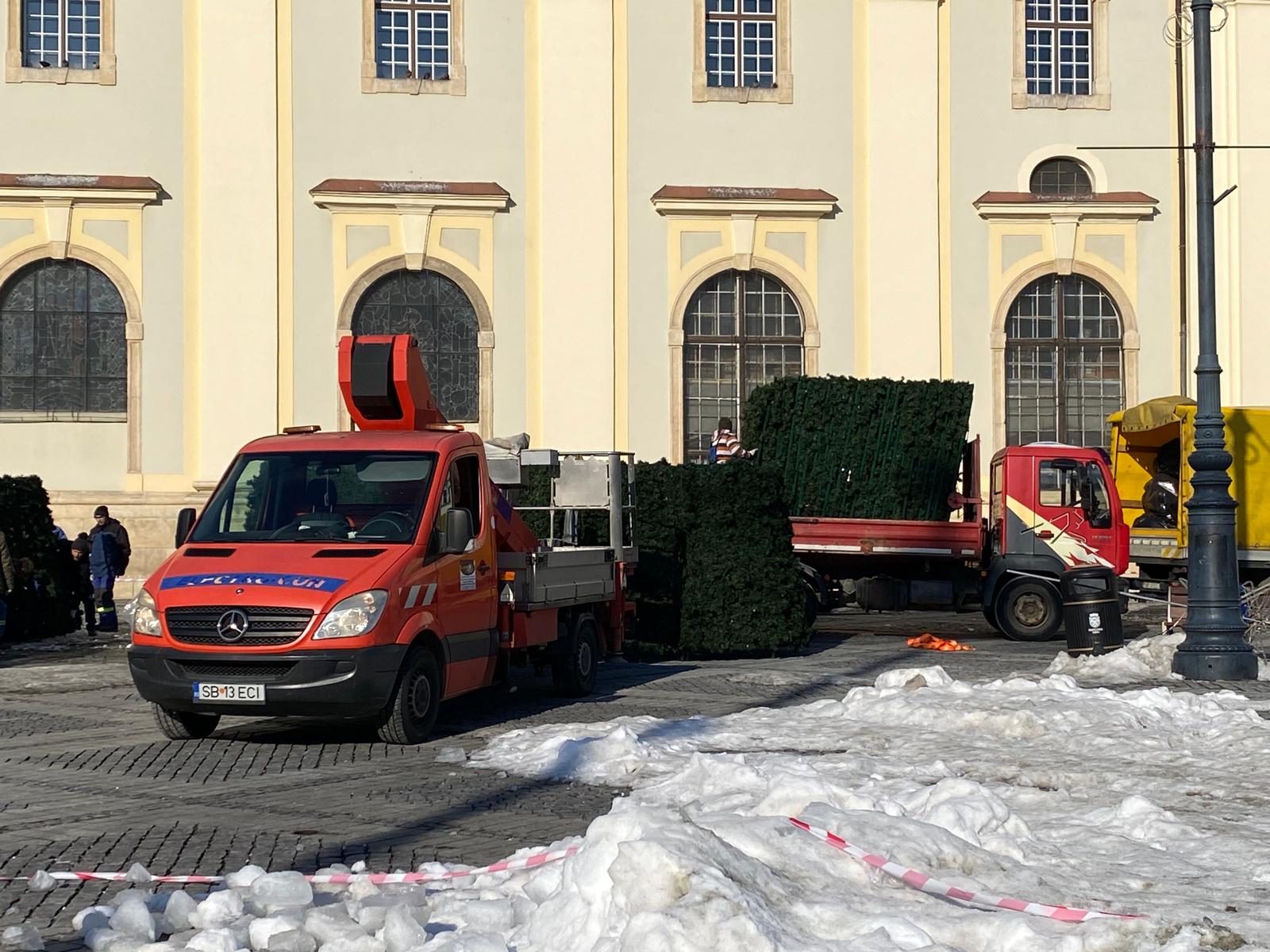 Video: Bradul din Piața Mare, strâns la două săptămâni după Târgul de Crăciun