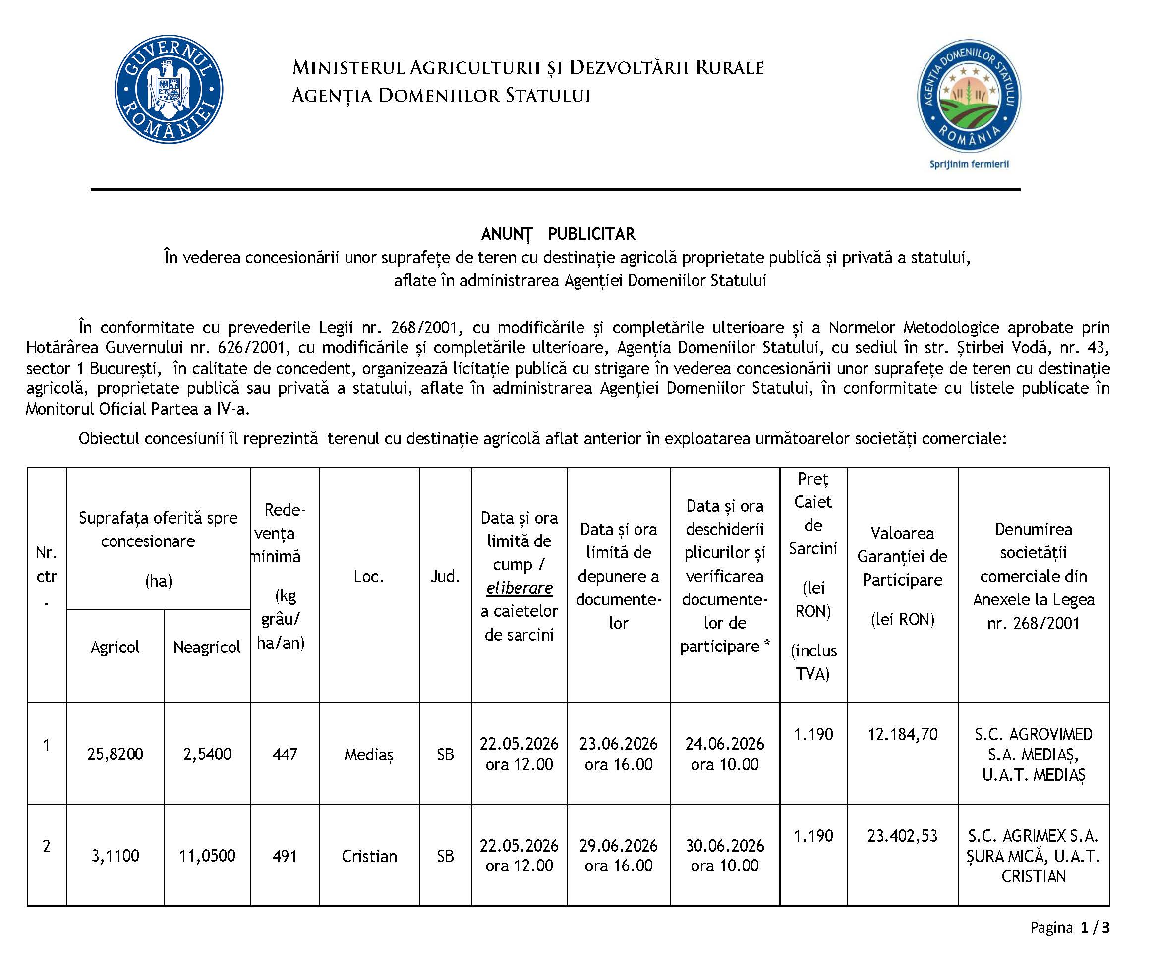 ANUNȚ PUBLICITAR În vederea concesionării unor suprafețe de teren cu destinație agricolă proprietate publică și privată a statului, aflate în administrarea Agenției Domeniilor Statului